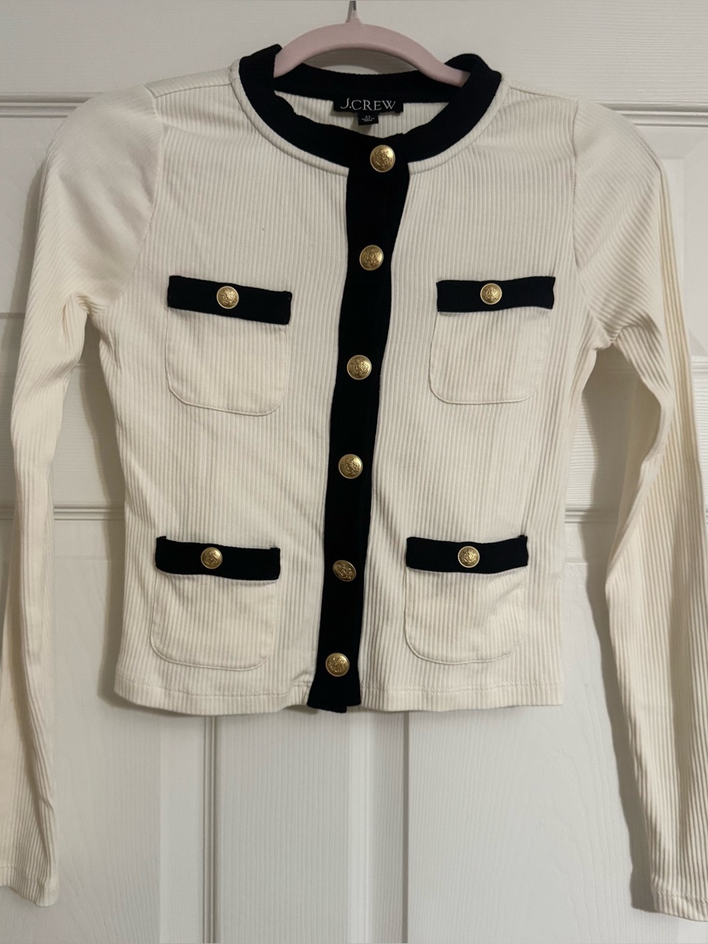J.Crew Lady Jacket Cardigan XS White Black Gold Crest Buttons Preppy Chic